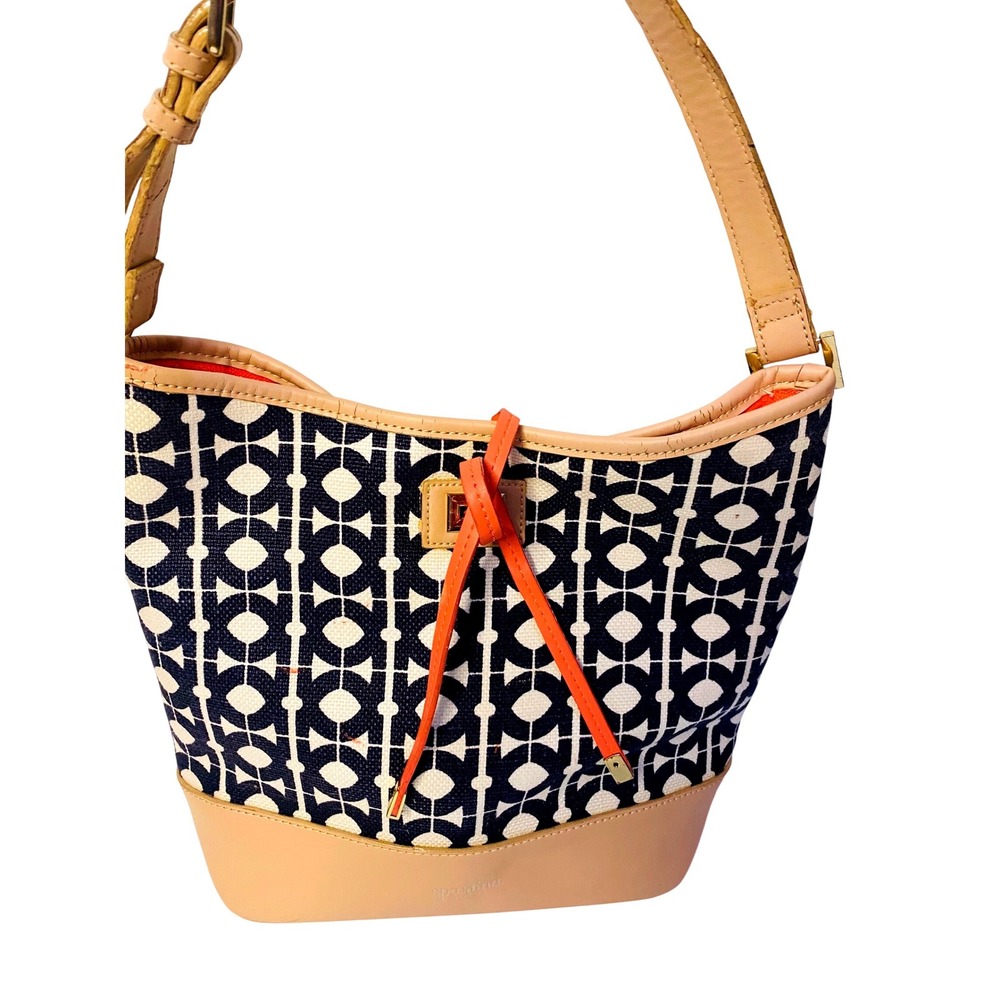 Spartina 449 Navy White Geometric Canvas Leather Shoulder Bag Orange Tassel Hobo
